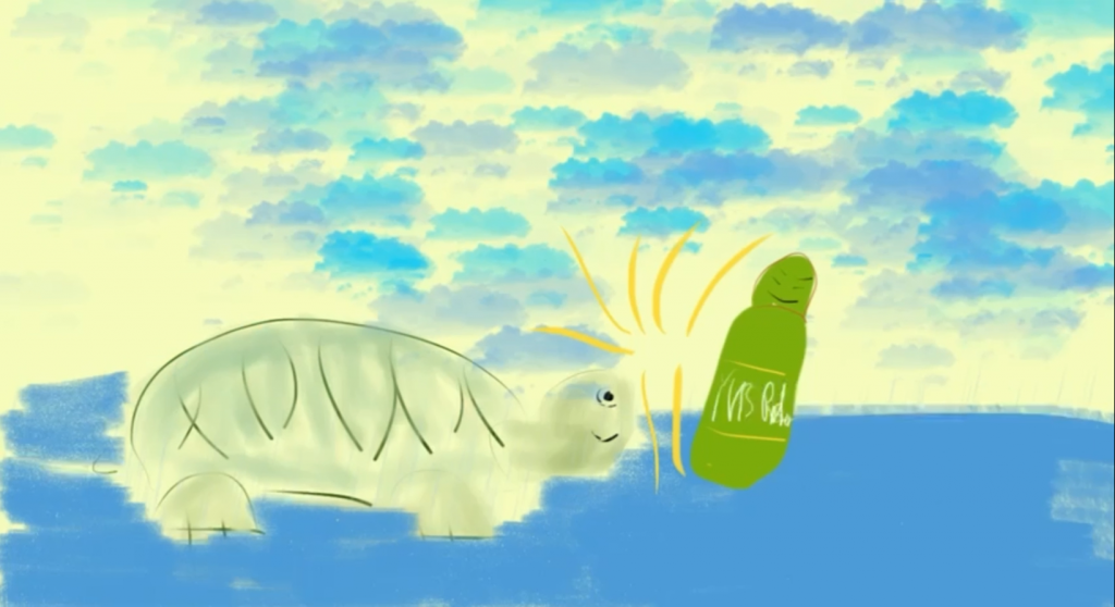 Ausschnitt des Animationsfilms, in der Tobi die Schildkröte gegen Umweltverschmutzung und für das Klima kämpft. 